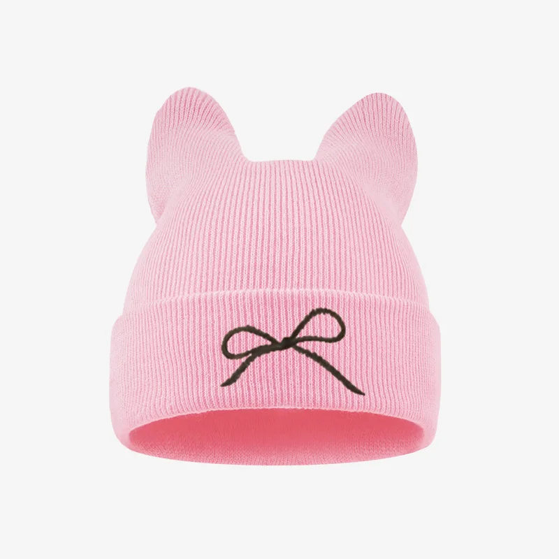 1-3Y Toddler Cat Ear Knit Beanie, Bowknot Embroidery Kids Winter Hat, Sweet Casual Headwear for Daily Wear view 6