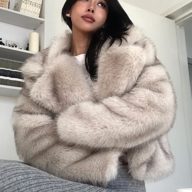 เสื้อขนสัตว์Fauxผู้หญิงCropped Luxury Gradient Faux Fur Coatเสื้อแจ็คเก็ตผู้หญิงแฟชั่นLapel Cropped Fluffy Jacketฤดูหนาวผู้หญิงเสื้อกันหนาว