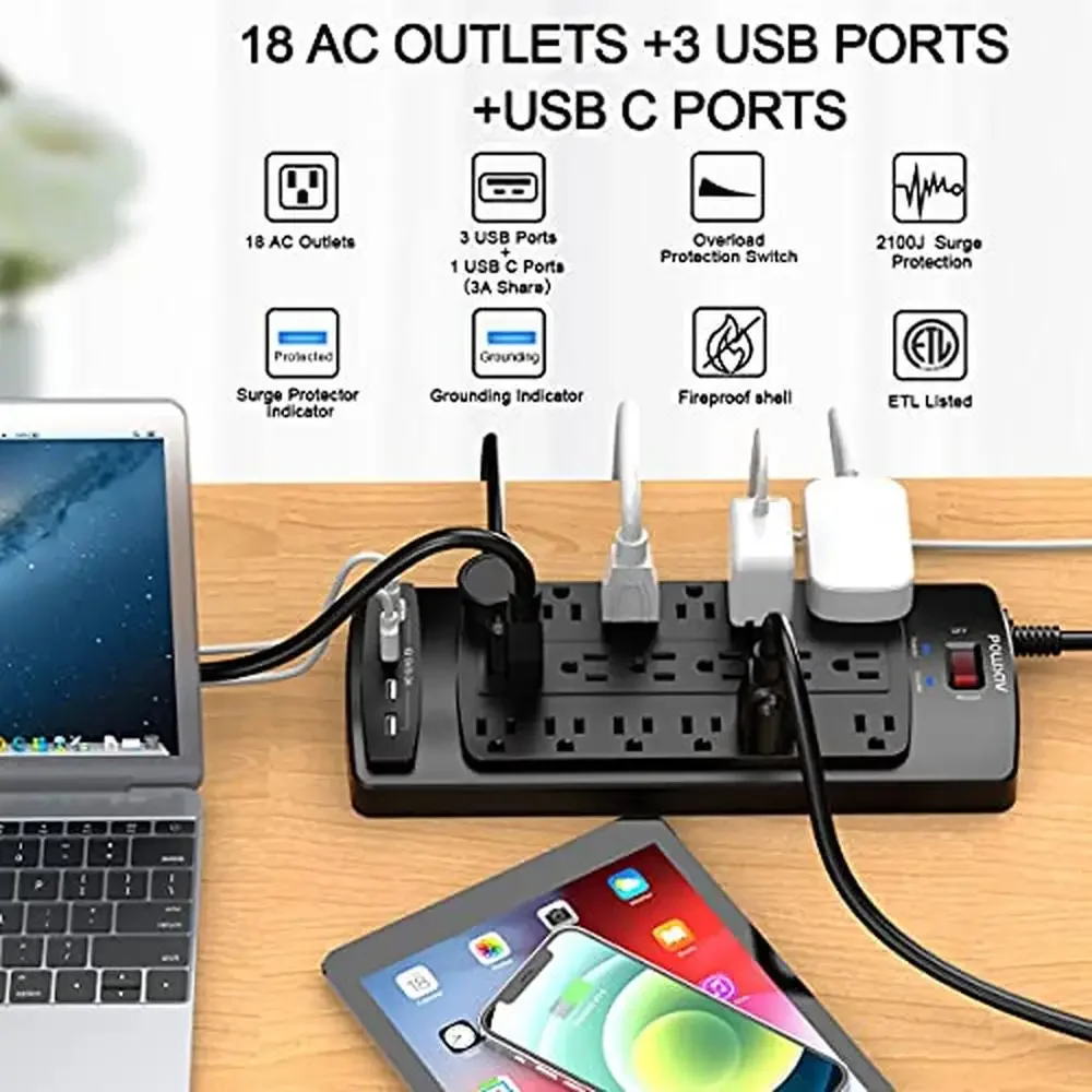 Heavy Duty Power Strip Surge Protector 18 Outlets 10ft Extension Cord 4 USB Ports Overload Protection