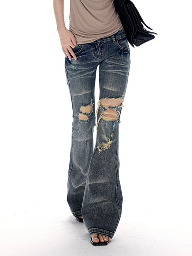 HOUZHOU Y2k Vintage Zerrissene Jeans für Damen Spicy Girl High Street Washed Bootcut Jeans Grunge Retro Gerade Modische Denim-Hosen – Detail 6