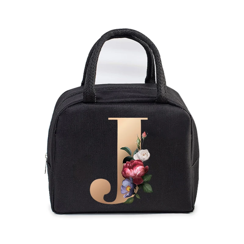 Golden Flower 26 Alphabet Print Lunch Bag Men and Women Rose Graphics Bento Thermal Handbags Thickened Insulation Lunch Box Bag