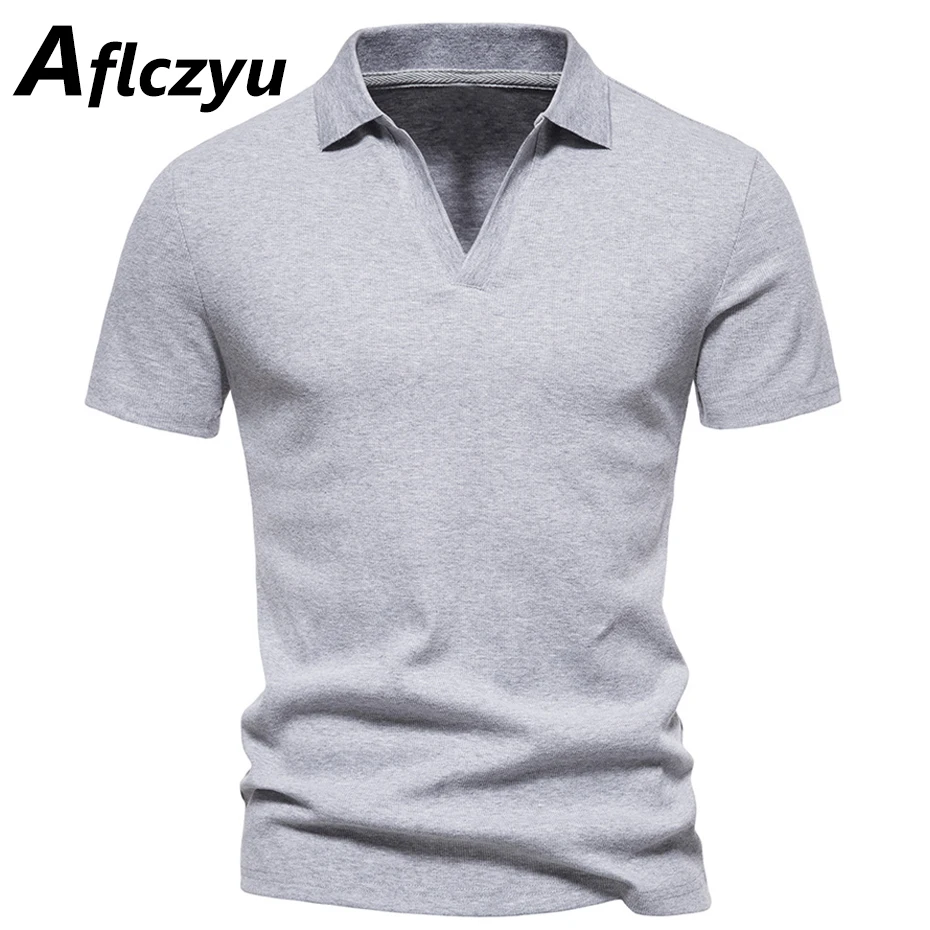 

Футболка мужская с отложным воротником, модная повседневная тенниска из хлопка, однотонная майка, лето