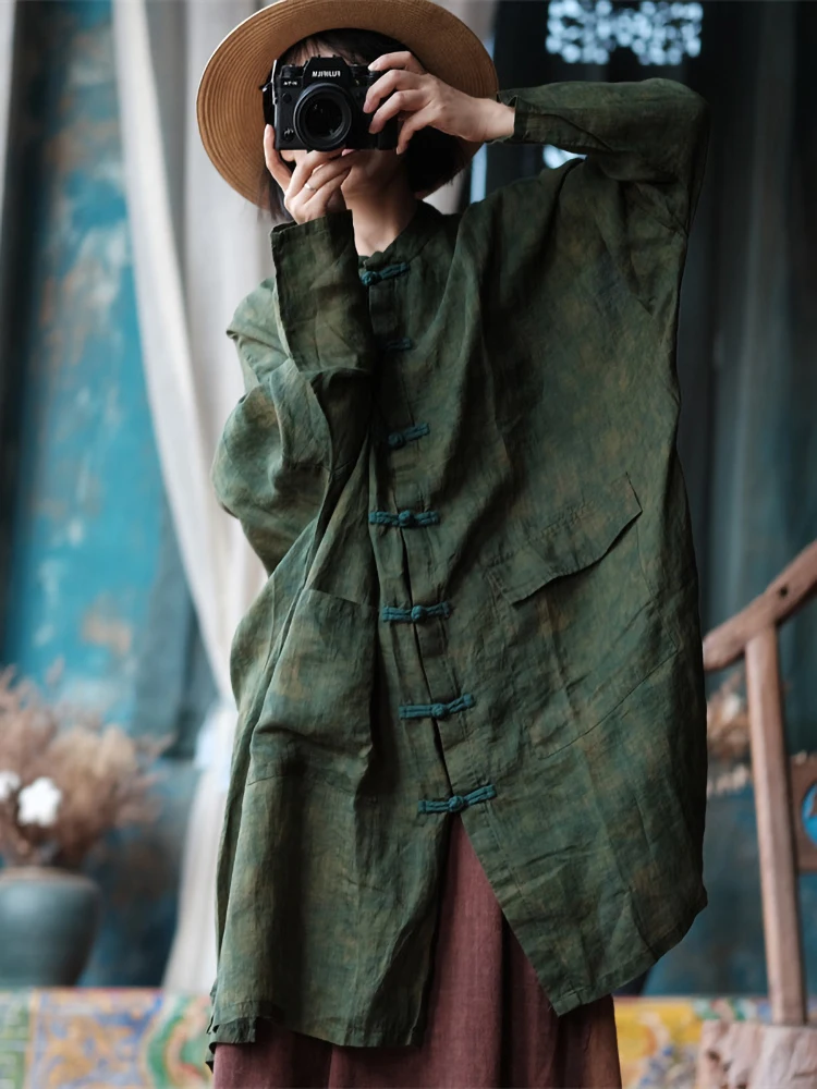 

Весенне-летняя женская свободная удлиненная рубашка-миди из хлопка и льна в стиле ретро с этническим принтом и пуговицами в китайском стиле