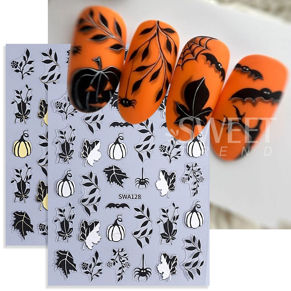 Autocollants pour ongles Halloween 3D en métal, toile d'araignée d'amour fantôme citrouille feuille d'érable, décalcomanies auto-adhésives pour décoration de manucure à faire soi-même, 4 pièces