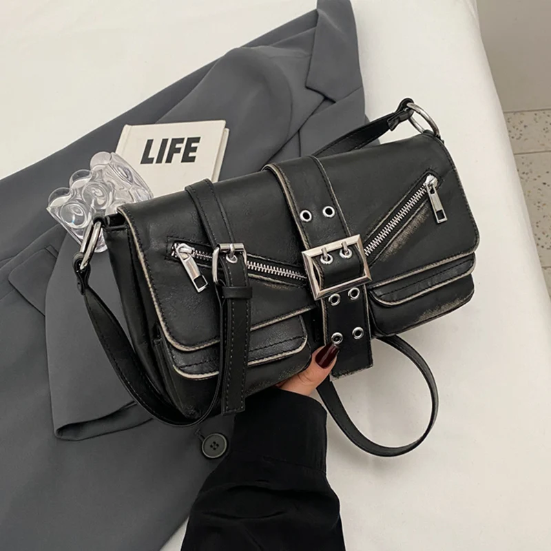 Vintage Leather Shoulder Bag For Women French Style Underarm Handbag Motorcycle Bag Satchel Female Designer Crossbody Bag Black