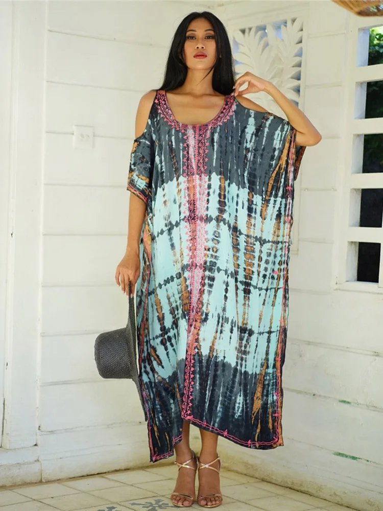 

Bohemian Striped Print Bikinis Cover-ups Sexy Off-shoulder Kaftans Dress Summer Vacation Outing Women Beach Swim Suits Sarong