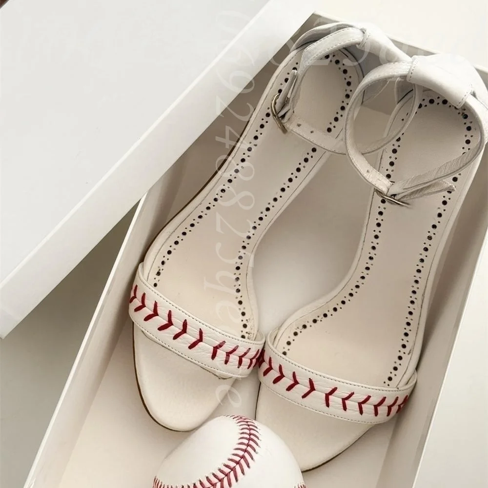 Women's White Baseball Stitch Heeled Sandals Open Toe, Ankle Strap with Buckle, Red Baseball Lacing Detail, Stiletto Heels Shoes