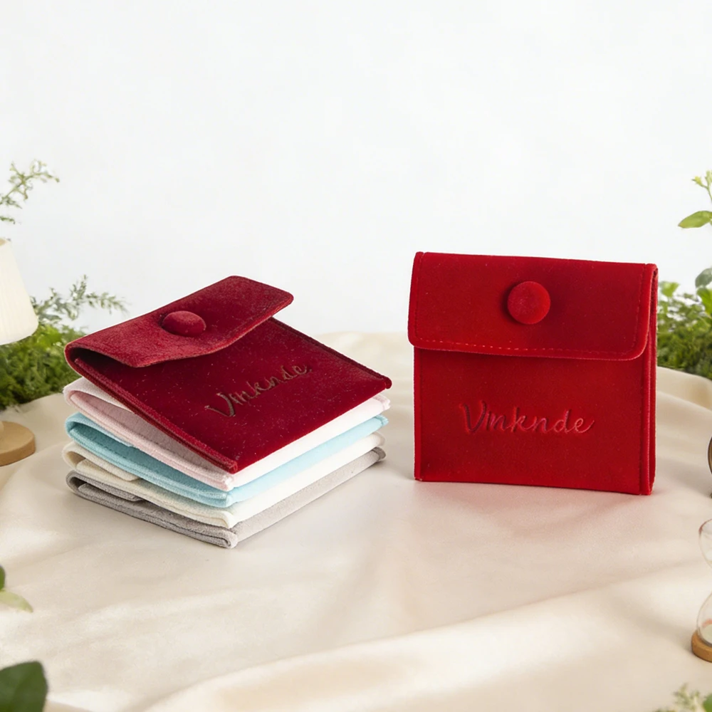 

50pcs Red Velvet Bags Custom Logo Jewelry Snap Button Purse Pouches For Ring Bracelet Necklace Earrings Gift Organization Pack