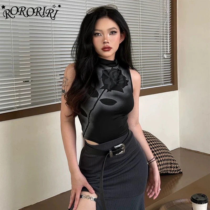 

RORORIRI Grayu Retro Rose Print Tank Top for Women Dark Punk Turtleneck Sleeveless Vest Slim Stretch Crop Top Jazz Dance Clothes