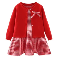 Girls' knitted dress 2024 new baby sweater set children's knitted sweater jacket vest skirt two-piece set thickened for warmth