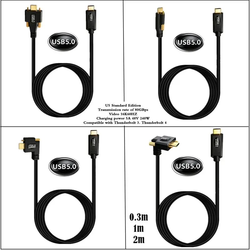 USB 5.0 with Lock 90 ° Right Angle Bend Type-C Male to Male Data Cable Gold Plated with Screw Camera Capture Card HD Data Cable