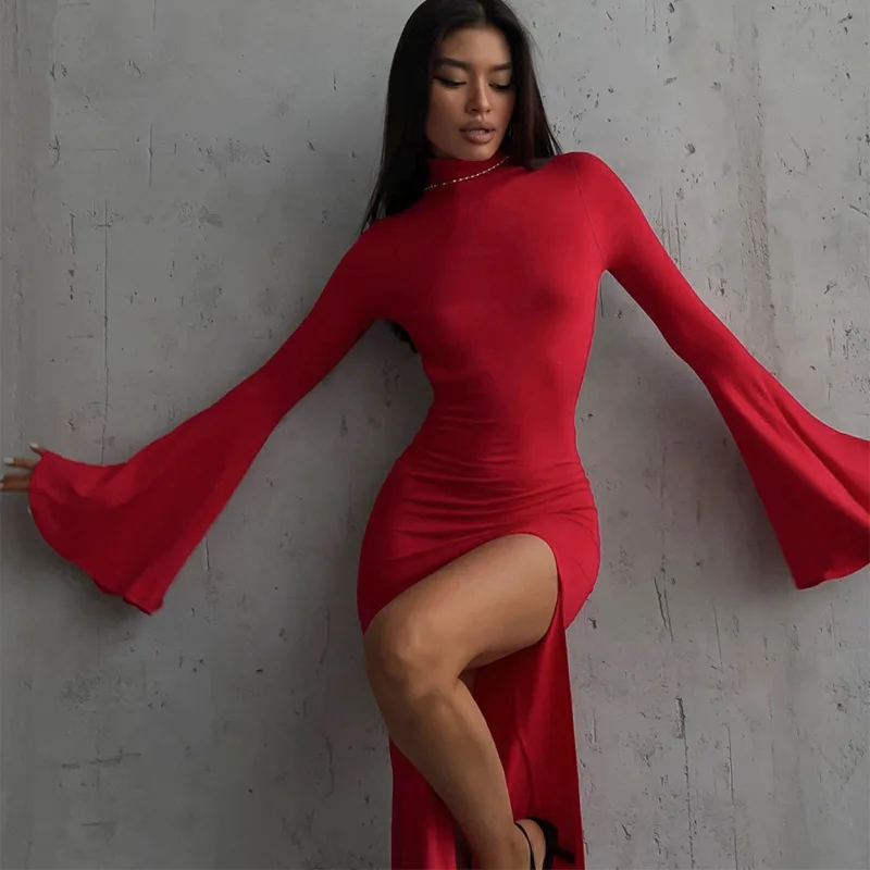 Elegant Red Backless Maxi Dress for Women Fashion Flare Sleeve Bodycon Party Dress Autumn Sexy Slit Christmas Dress 2024