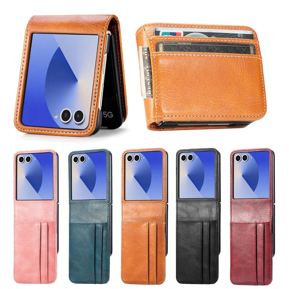 Classic Solid Color Leather Folding Phone Cover for Samsung Galaxy Z Flip7 FE 6 5 with Back Wallet Card Slots