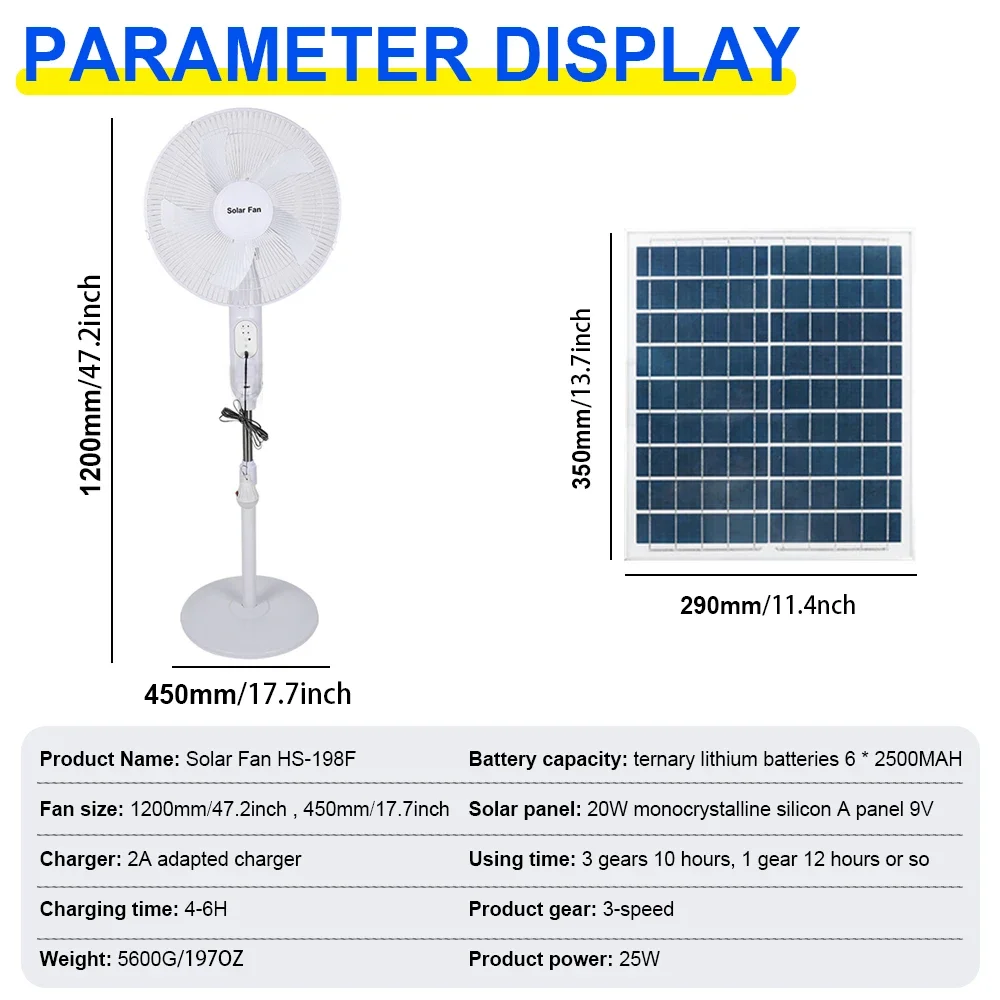 Rechargeable Fan Solar Floor Fan 25W Panel 5H Charges 12H Runtime Remote Control & LED Display Emergency Fan for Power Outage