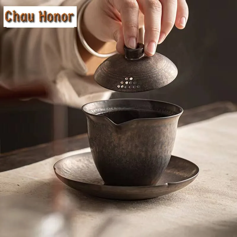200ml Handmade Iron Rust Glaze Gaiwan Hand Grab Pot Japanese Rough Pottery Tea Tureen Tea Maker Cover Bowl Teaset Collection
