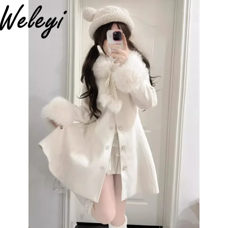 

Winter Christmas Creamy White Mid-length Wool Coats for Women Sweet Grils Gentle Fluffy Thickened Slimming Waist Woolen Overcoat