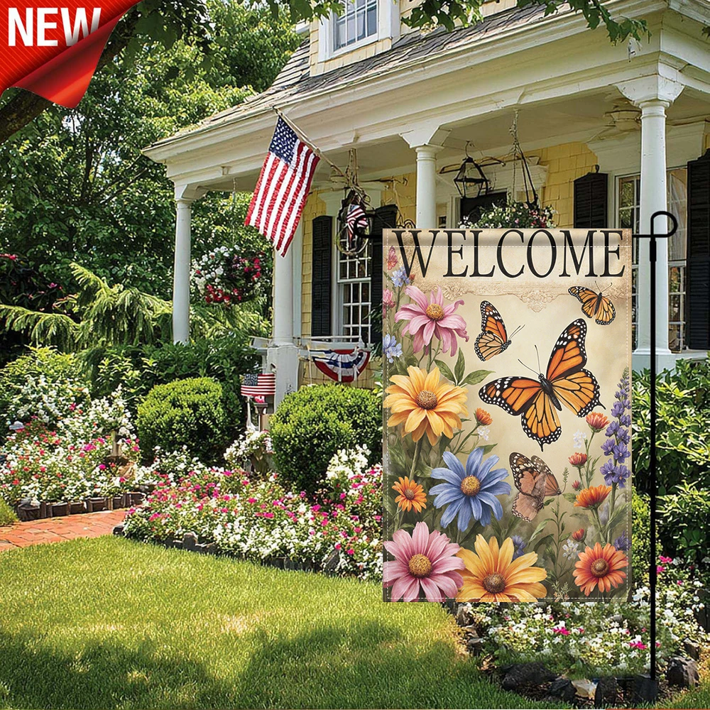 

1PC, Welcome Monarch Butterfly Floral Garden Flag Colorful Wildflower Outdoor Welcome Yard Flag