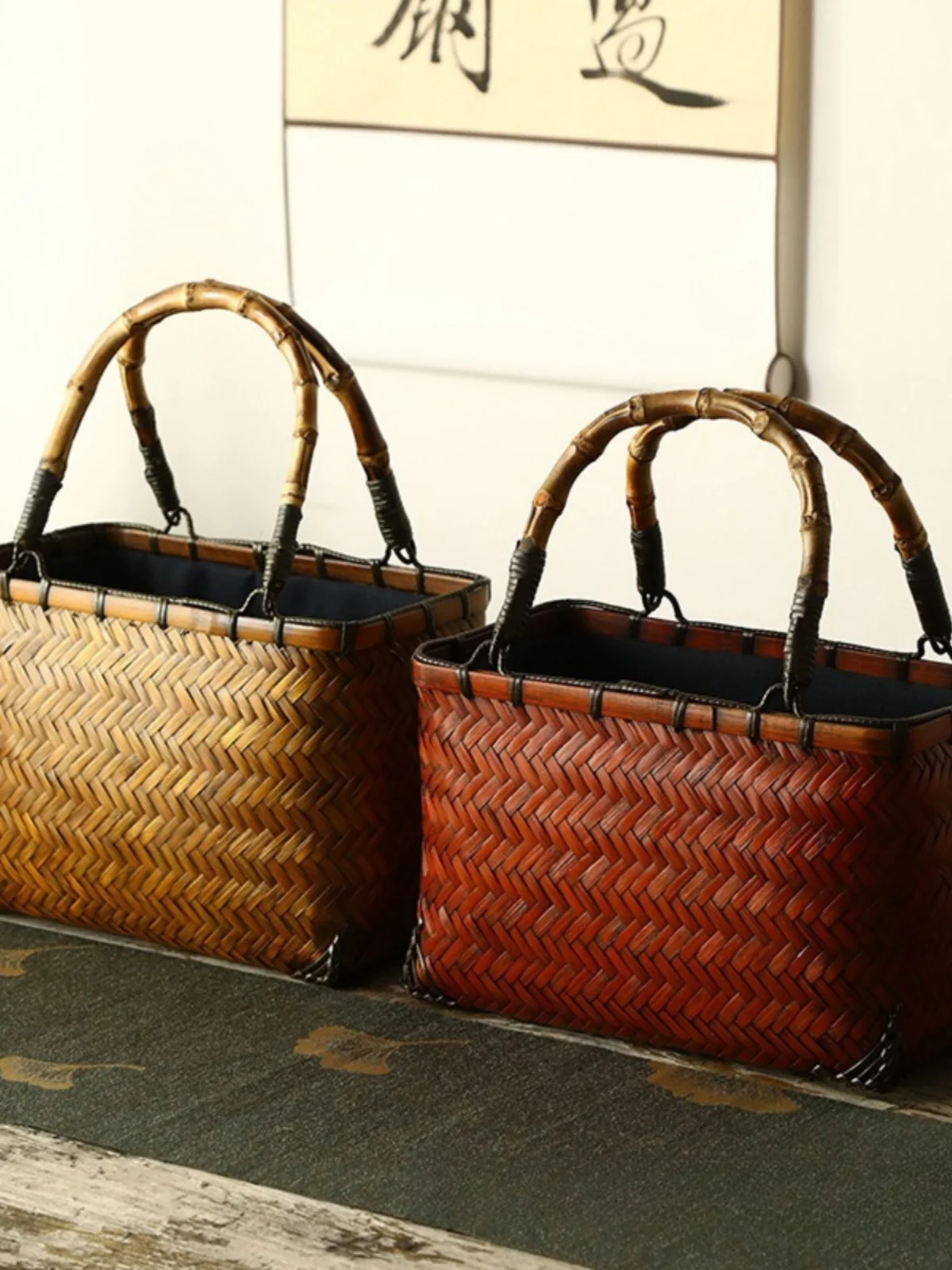 New bamboo woven bag, Chinese style tea clothing bag, handmade retro mini bamboo bag, bamboo basket tea set storage portable