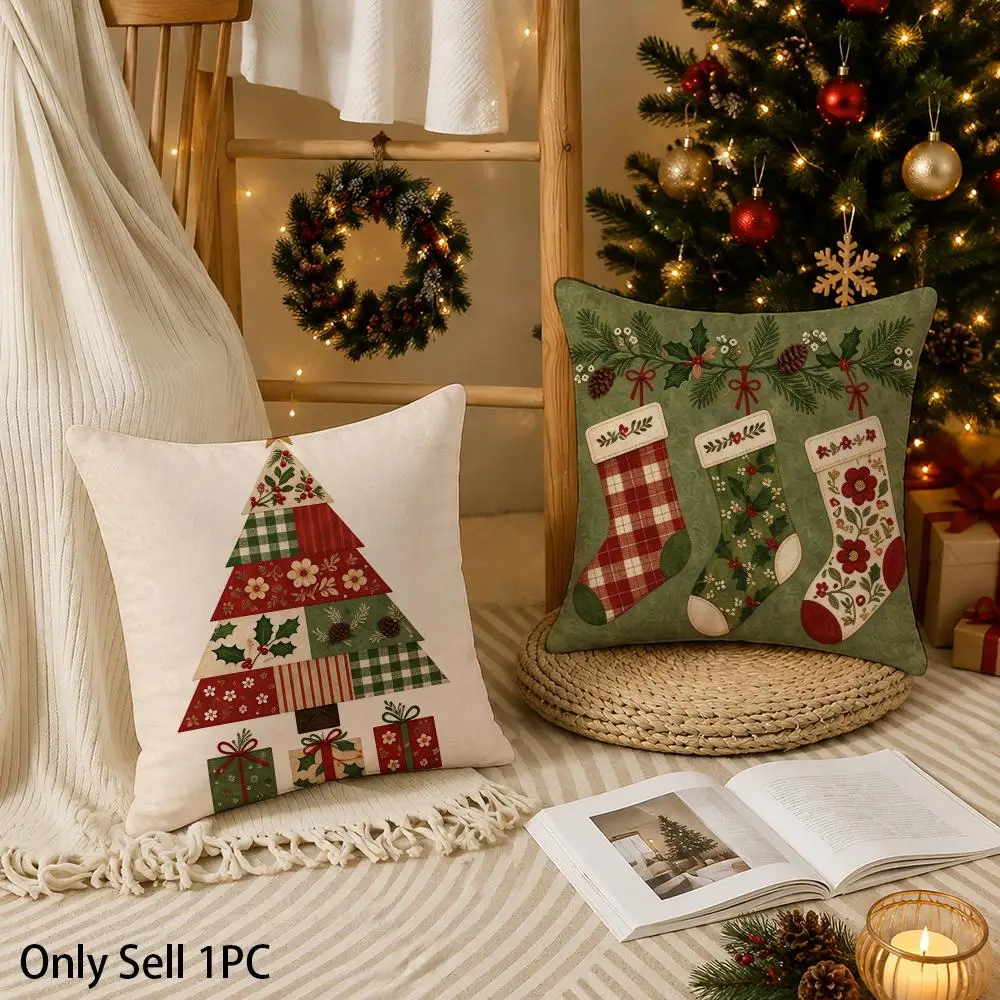 Patchwork Christmas Plaid Wreath Cushion Cover Christmas Plush Cushion Cover | Style Combination, Holiday Home Decor Gift