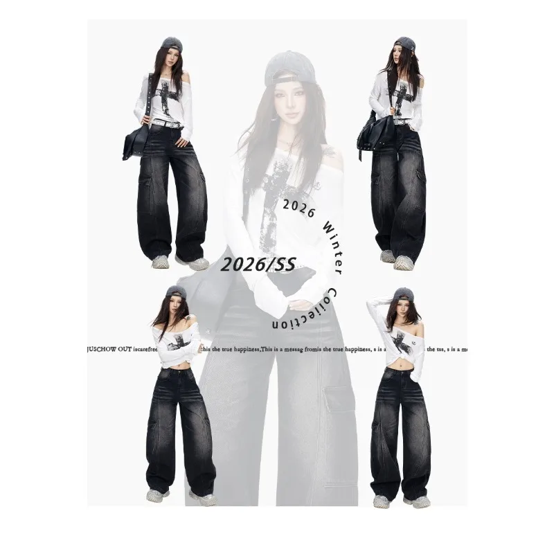 OIQERE Y2K Streetwear Women Retro Black Denim Cargo Pants Split Design High Waist Loose Wide Leg Trousers For Autumn