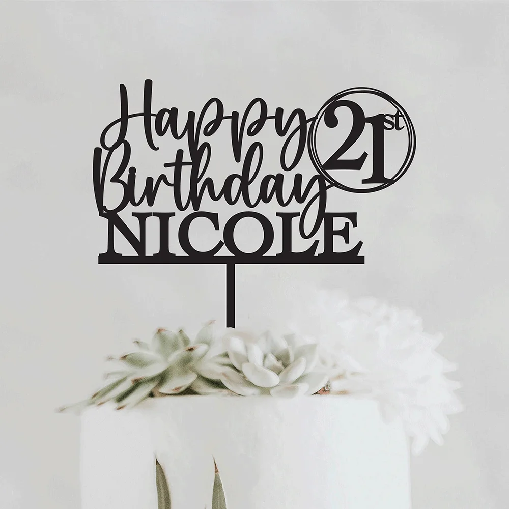 Adorno de cumpleaños con nombre personalizado, adorno para tarta de feliz cumpleaños de cualquier edad, adorno para tarta de feliz cumpleaños con nombre personalizado, madera y acrílico