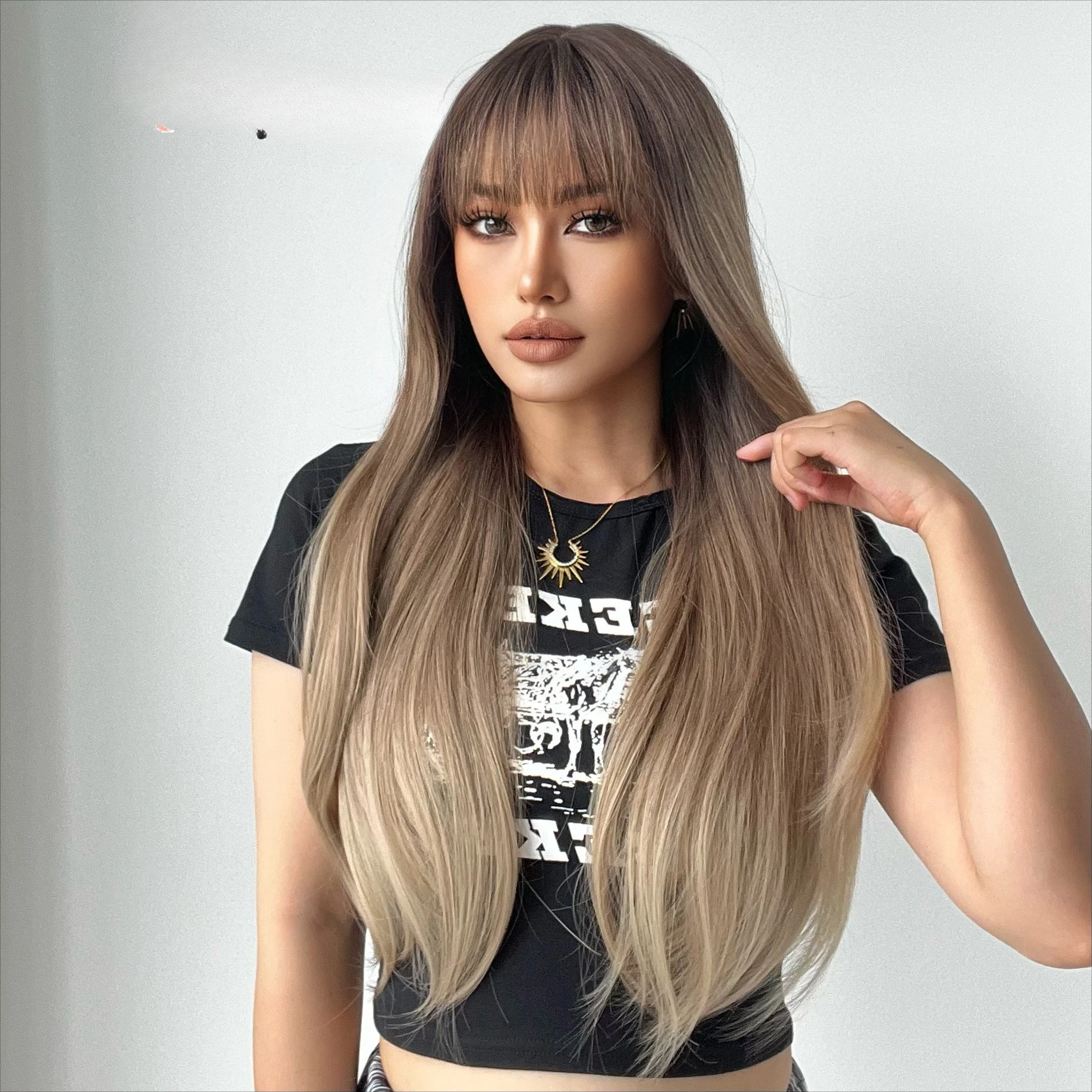 باروكات أوروبية وأمريكية للنساء ذات ثمانية أحرف، شعر بني متغير تدريجي، شعر مستعار حريري ذهبي بدرجة حرارة عالية، غطاء رأس ستراي #3