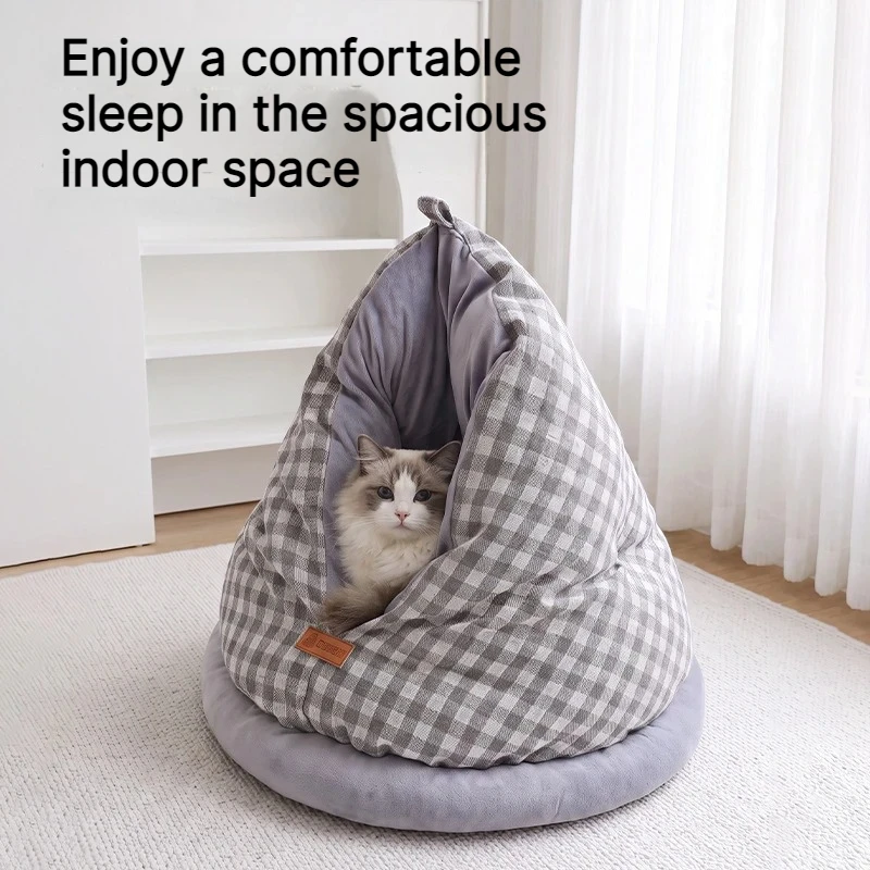 Half-Closed Thickened Pet Nest Warm Grid Design Washable Scratch Resistant Pet Bed for Small Medium Dogs Cats
