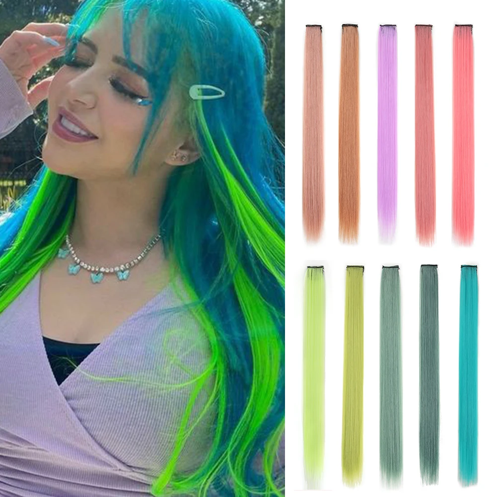 Colored Clip in Hair Extensions 24 Inch Rainbow Long Straight Hairpieces Clip in Synthetic, Halloween Cosplay Dress Up Fashion P