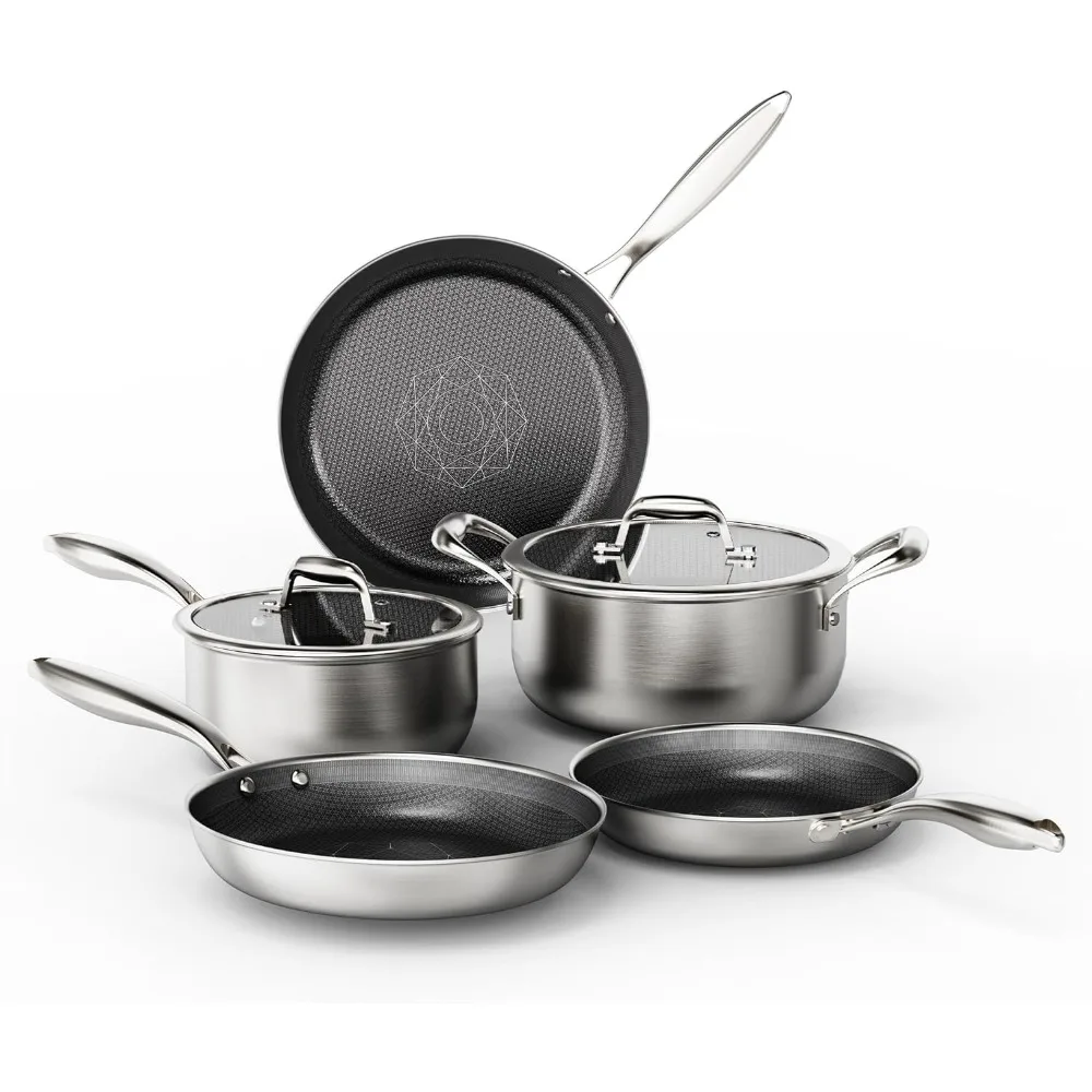 

Stainless Steel Cookware Set Non Stick Hybrid Ceramic Pots Pans Frying Pan Saucepan Stock Pot with Glass Lid Oven Safe