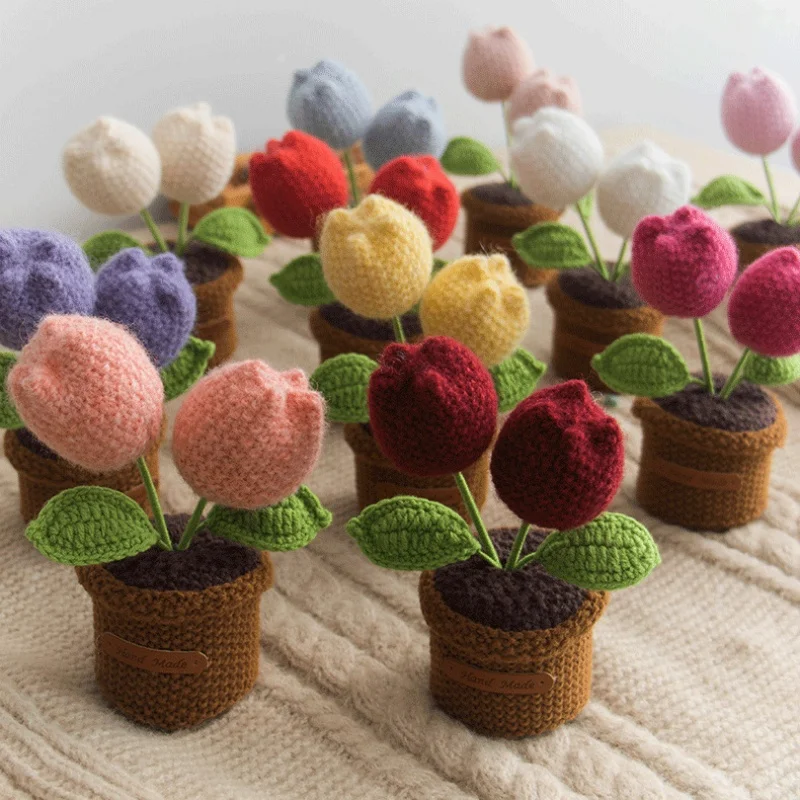 Mini-fertige gehäkelte Tulpen im Topf, gefüllte Pflanzen, Heim- und Auto-Innendekoration, Valentinstag, Weihnachten, Abschlussfeier, Muttertagsgeschenk