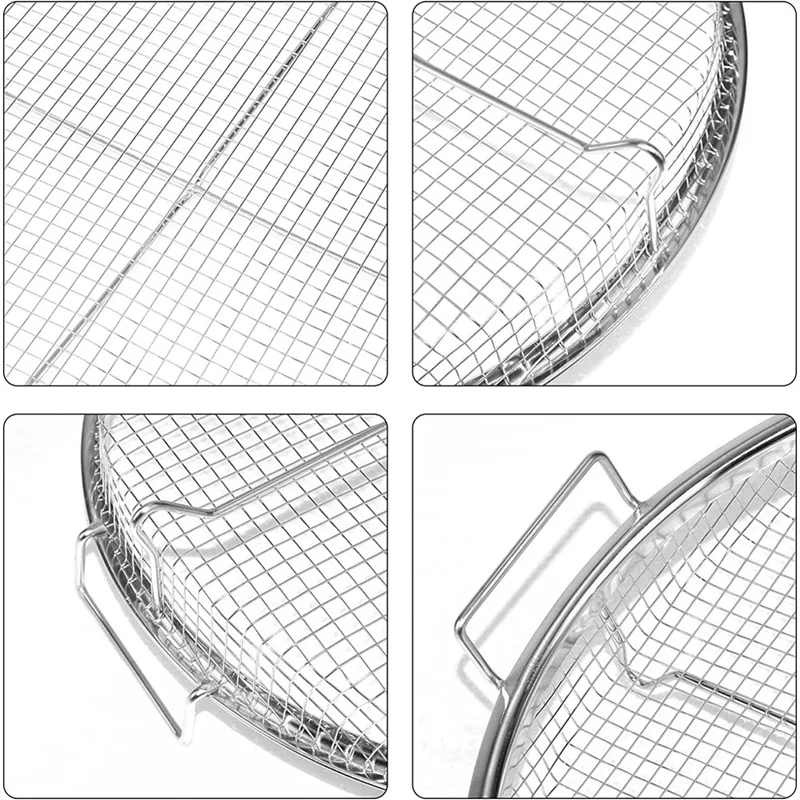 حار! 2 قطعة سلة مقلاة هوائية مستديرة من الفولاذ المقاوم للصدأ للفرن، صينية هش وسلة 13 بوصة، مجموعة سلة شبكية لفرن الهواء