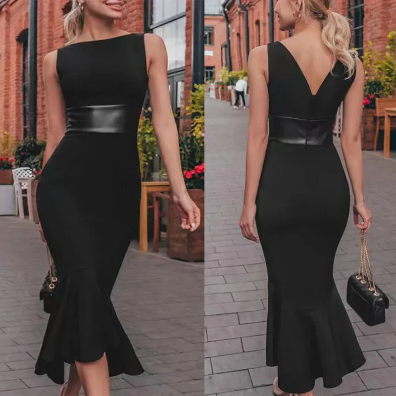 Women Dresses Slash Neck Pullover Sleeveless Solid Color Trumpet Party Dress Vestidos Formal Sexy Wrap Buttocks Slim Fit