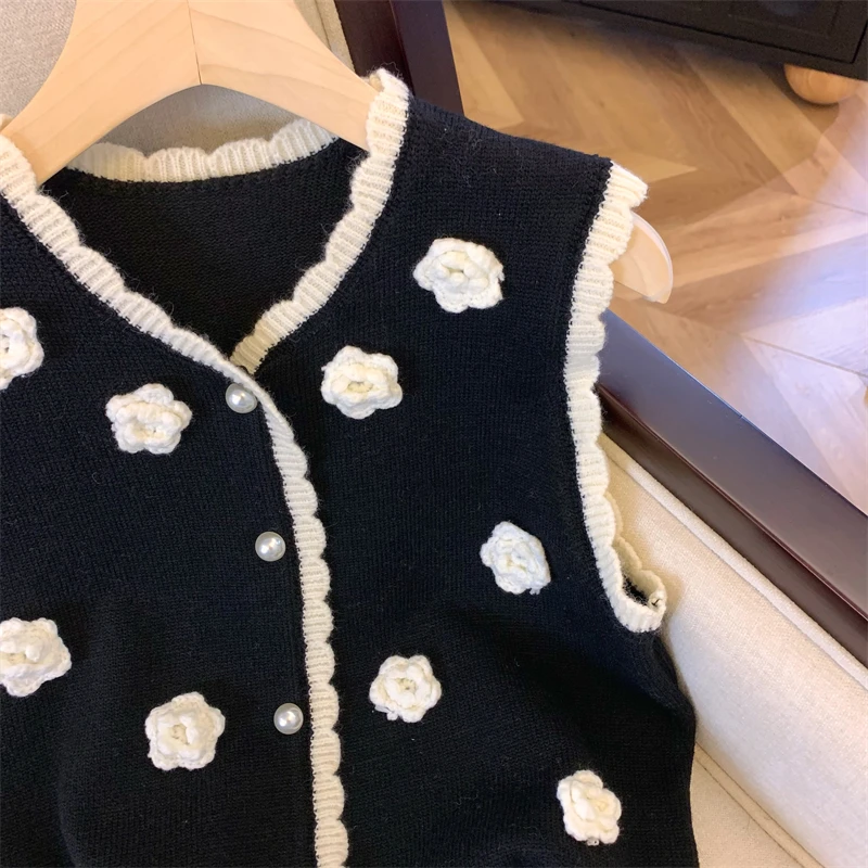 

Retro Knitted Vest Women's Loose Layering ort Sle Outerwear Flower Sweater Autumn Faion Casual Comfortable Top