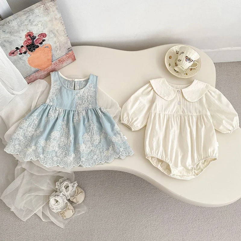 2025 New Autumn 0-24M Newborn Baby Girls Bodysuits+Sleeveless Embroidered Vest Infant Baby Girls Jumpsuit Baby Clothing