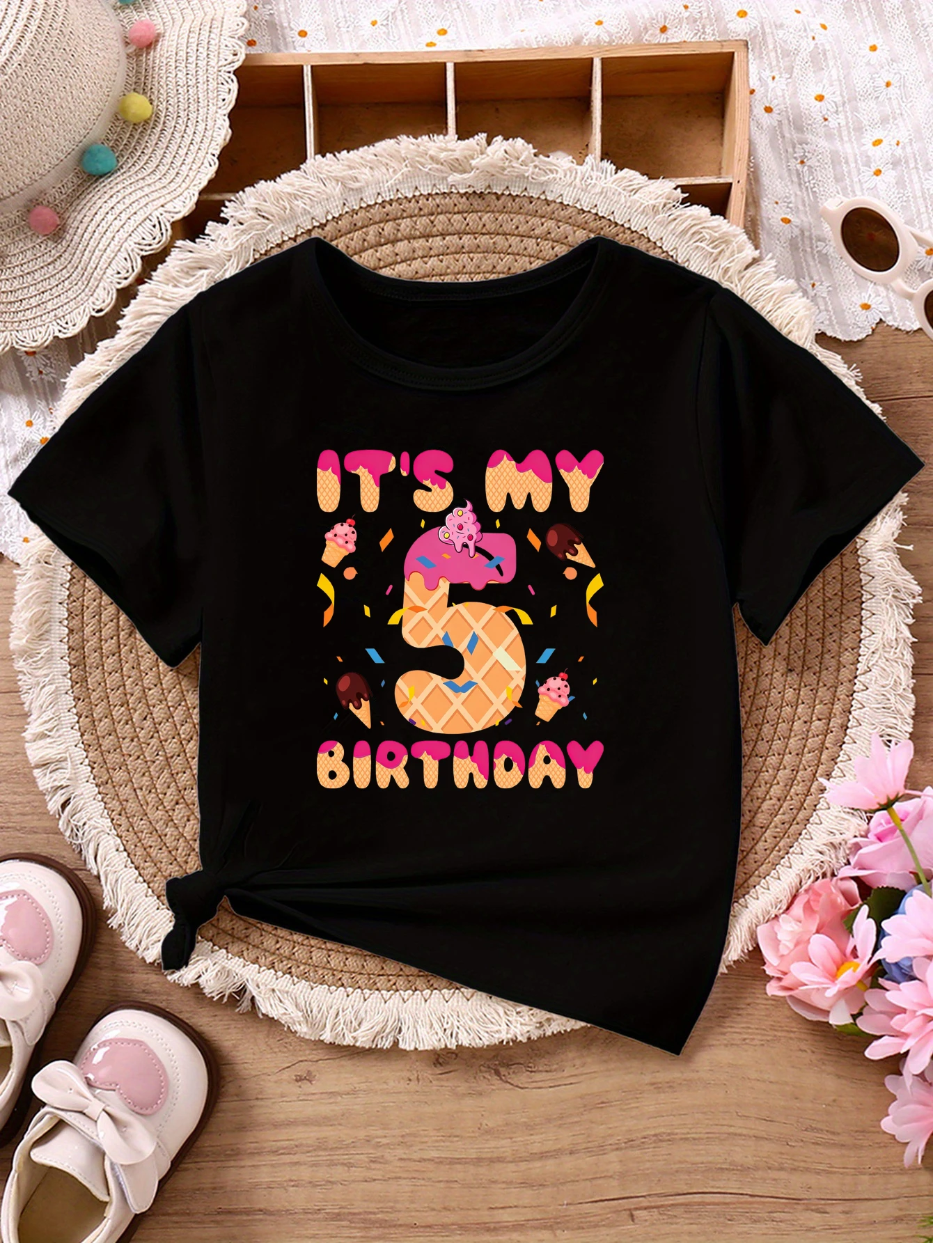 It Is My 5th Birthday Ice Cream Printed T Shirt Girls The Best Birthday Gift T-Shirt Kawaii Kids Clothes Summer T-Shirt