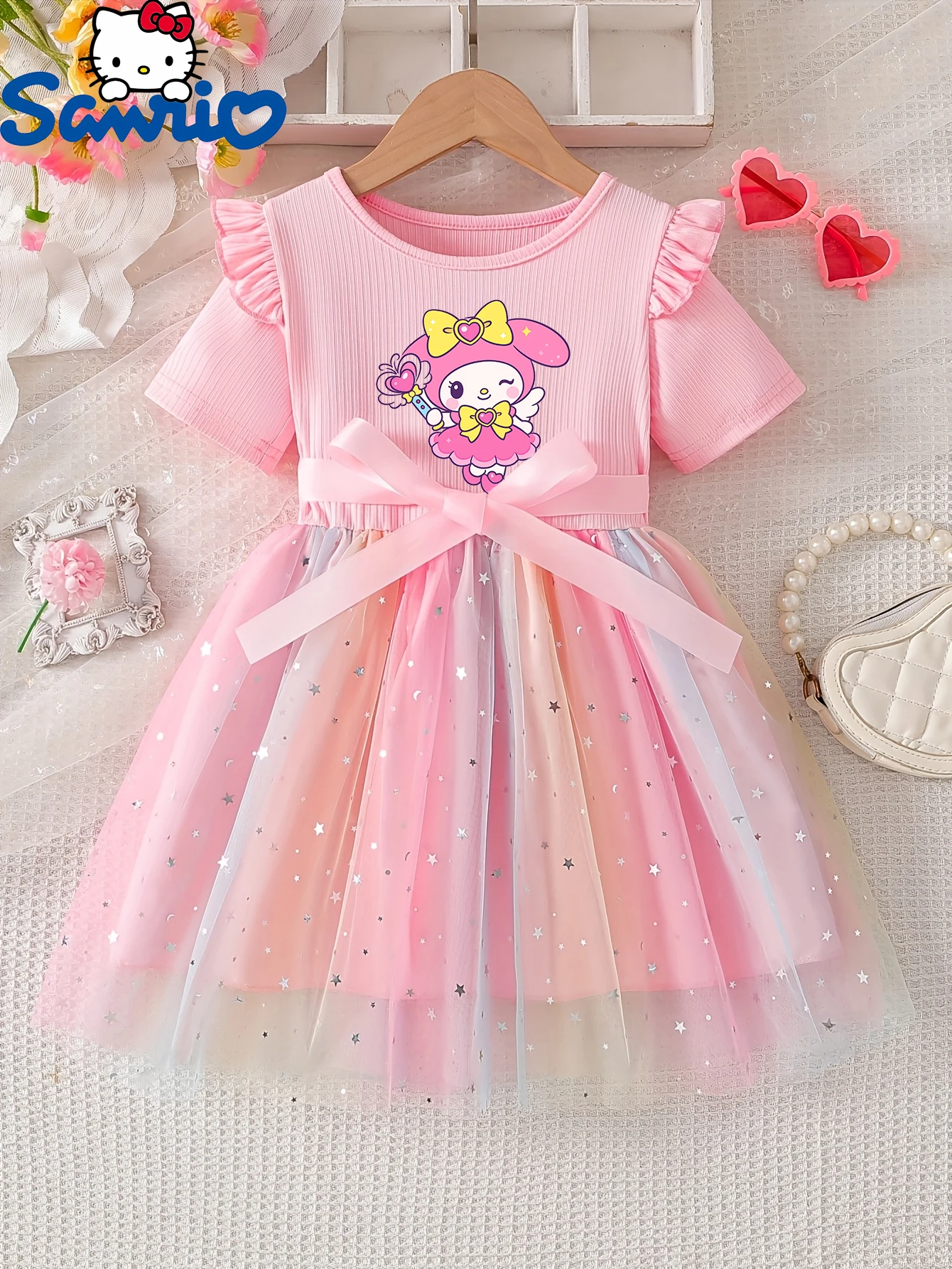 Genuine Sanrio Hello Kitty Princess Dress for Girls, Pink Butterfly Sequin Tulle Puffy Kids Dress