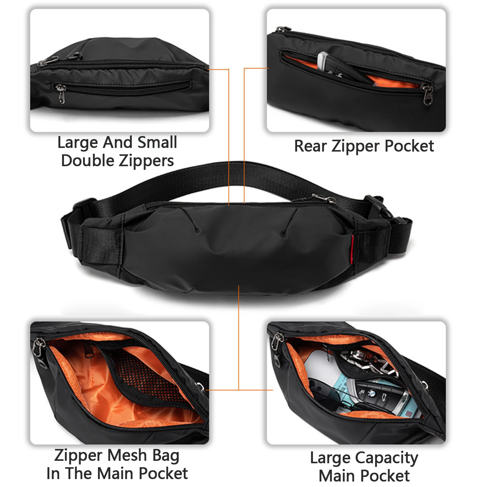 Sac messager imperméable pour homme, sac de poitrine tendance, durable, adapté au cyclisme, sports de plein air, noir simple et décontracté