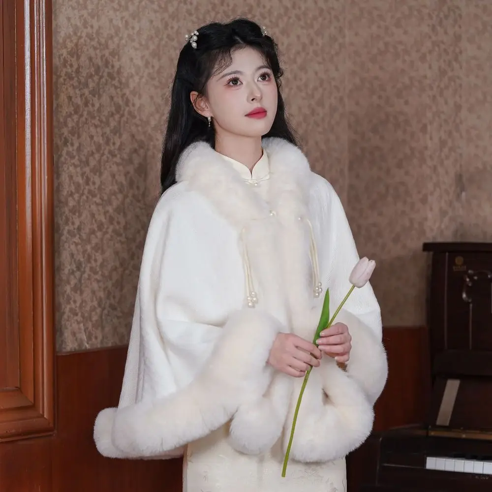 

Warm Thicken Plush Chinese Style Cloak Wrap Short Women Knitted Cloak Elegant Shawl Winter Warm Cape Cheongsam Lolita