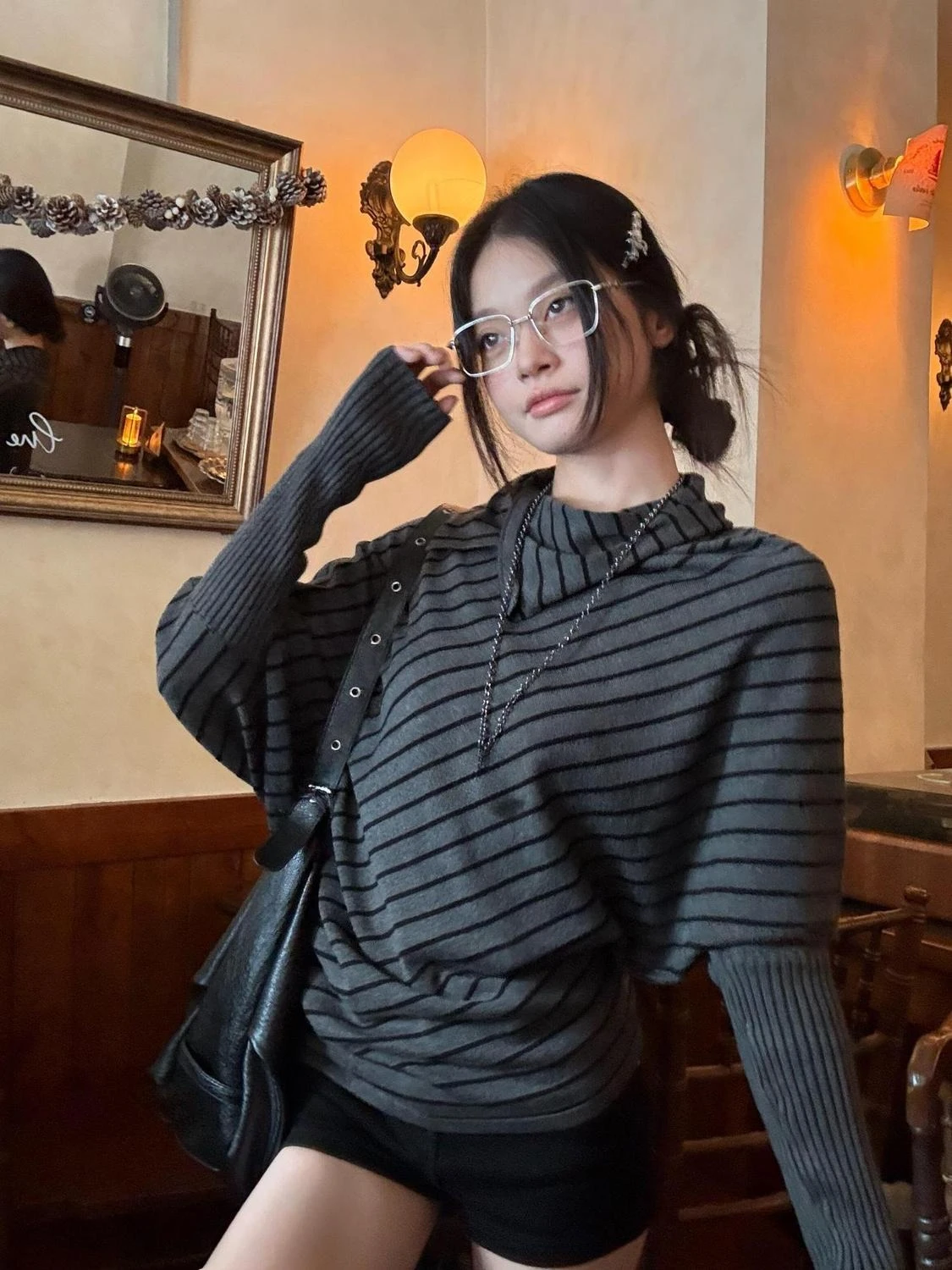 Estética moda listra topos mulher streetwear elegante manga longa t chique coreano vintage malhas pulôver