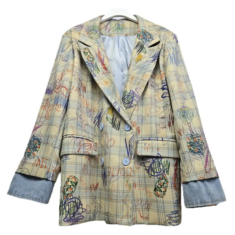 Frühling Mode Hand Bemalt Graffiti Print Frauen Anzug Jacke Lose Beiläufige Kerb Kragen Langarm Weibliche Blazer Streetwear