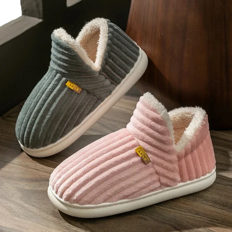 

Winter Couple Style Concise Stripes Wrap Heels Plush Slippers Ladies' Non-slip Soft Warm Flip Flops Men Home Casual Cotton Shoes