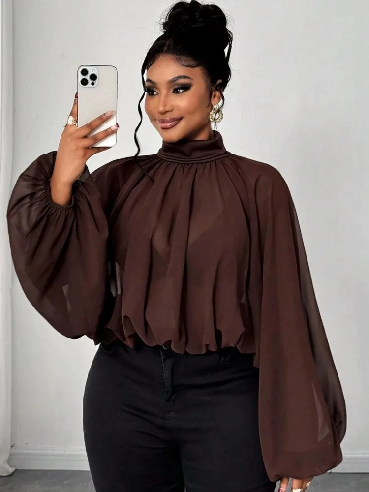 0XL-4XL Plus Size Autumn Spring Fashion Elegant Shirt Blouse High Collar 3XL 4XL Big Large Size Women Long Sleeve Tops