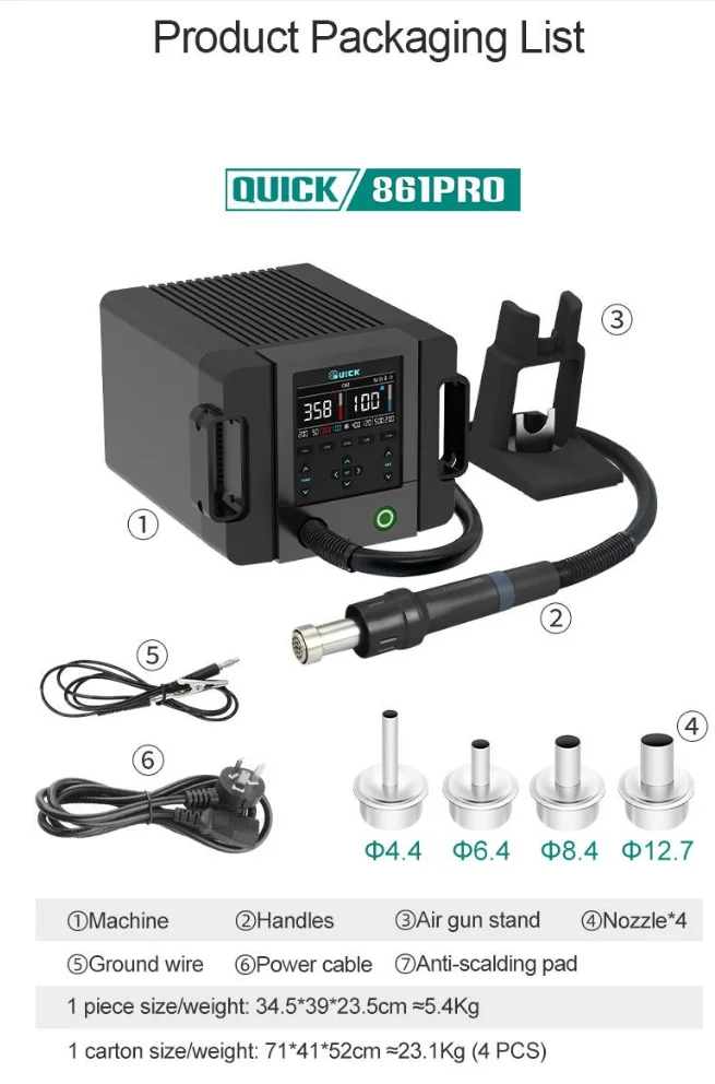 QUICK 861Pro Hot Air Gun 1300W Rework Station Gun Desoldering Station for IC CPU Motherboard Phone Repair Tool