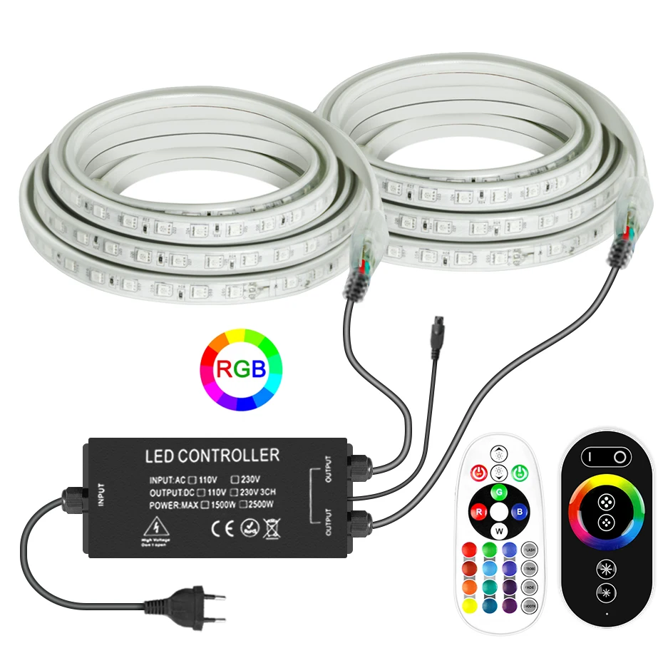 

220V RGB LED Strip Lights 5050 Dimmable IP67 Waterproof Flexible Tape EU Plug RF/Remote Control RGB LED Ribbon Lamp