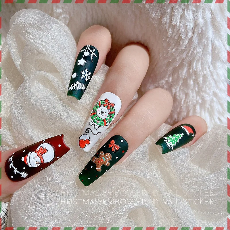 Cute Deer Christmas Nail Stickers 5D Embossed Elk Star Gingerbread Man Snowflake Santa Claus Holly DIY Winter Engraved Manicure