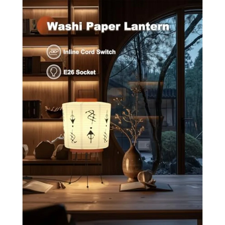 Handmade Akari Table Lamp - Japanese Washi Paper Lantern - E26 Socket with Inline Cord Switch - 3 Color Temperature Bulb Includ