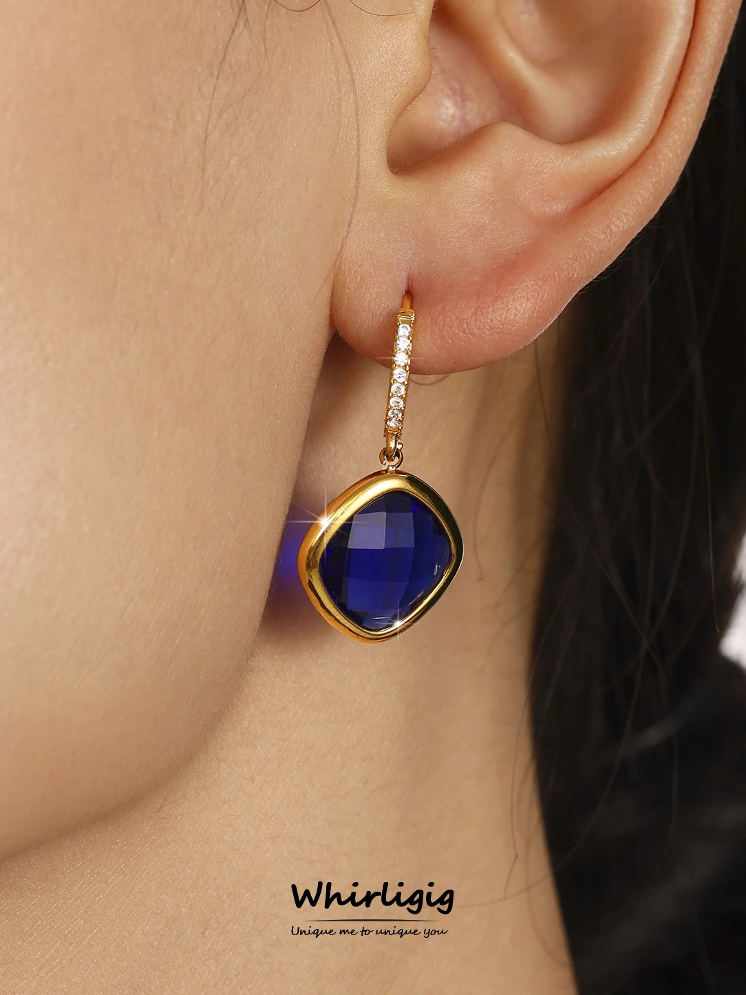 

Shiny Stainless Steel Square Czech Glass Pendant Earrings Gold Plated Waterproof Ear Hoop Wedding Jewelry Gift