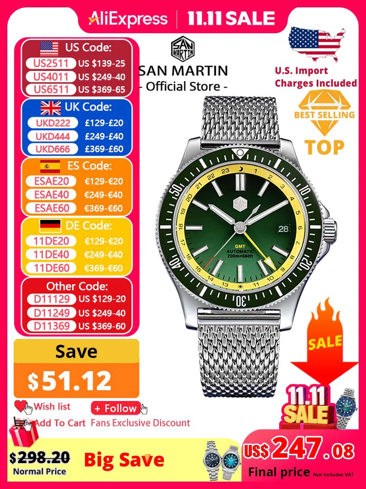 

San Martin оригинальный дизайн 41 мм GMT часы для дайвинга NH34 автоматический механический быстросъемный браслет водонепроницаемый 200 м светящийся SN0119