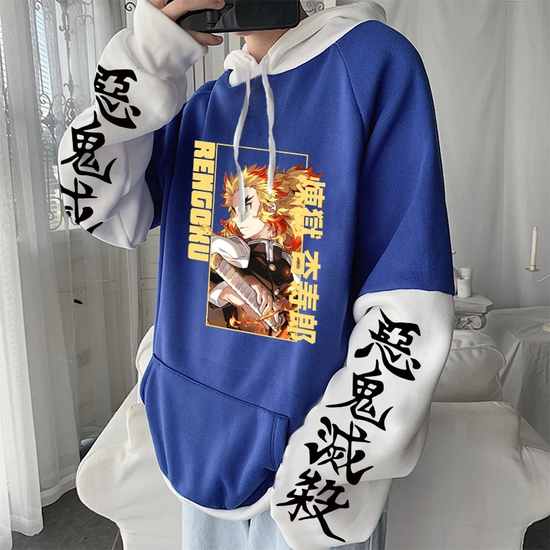 Harajuku Anime Demon Slayer Kyoujurou Rengoku Printed Hoodiess Men Women Patchwork Harajuku Sweatshirt Casual Flece Streetwear