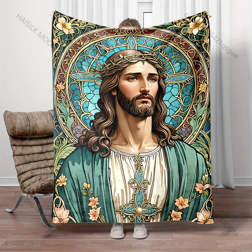 1PC Stained Glass Religious Figure print blanket Prayer blankets for believers suitable for home sofa camping travel car